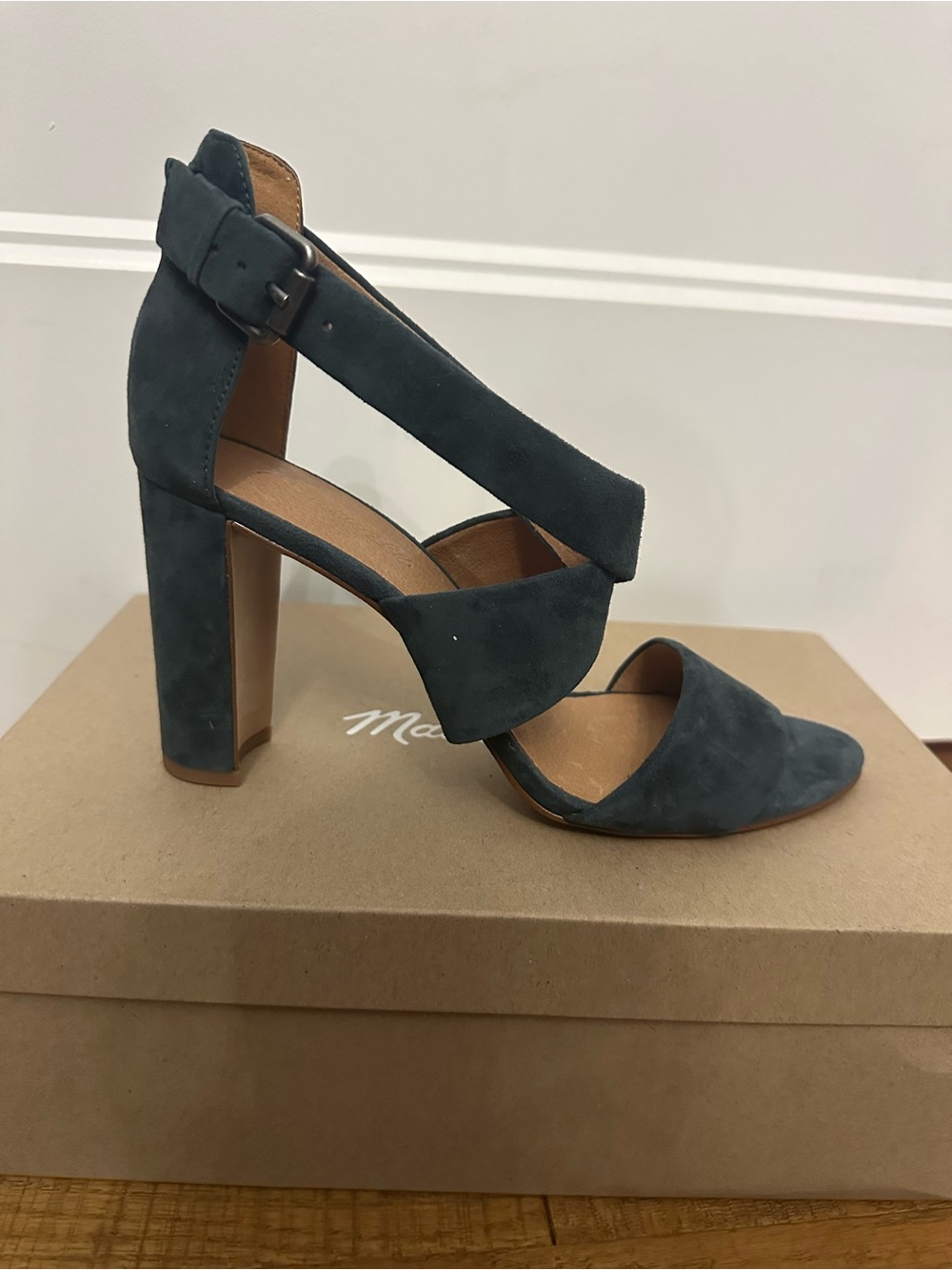 NIB Madewell Wraparound High-Heel Sandals in Midnight Spruce Suede Size 8 $148